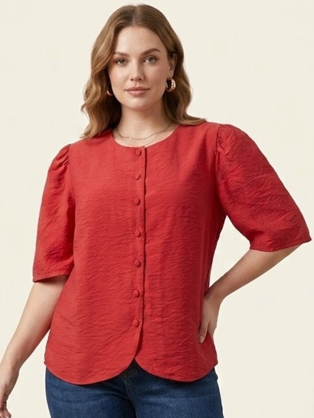 Anthropologie Maeve Lantern Sleeve blouse large red collared buttondown